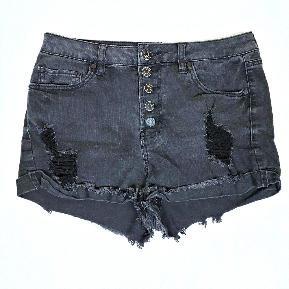 refuge Distressed Charcoal Denim High Rise Shorts